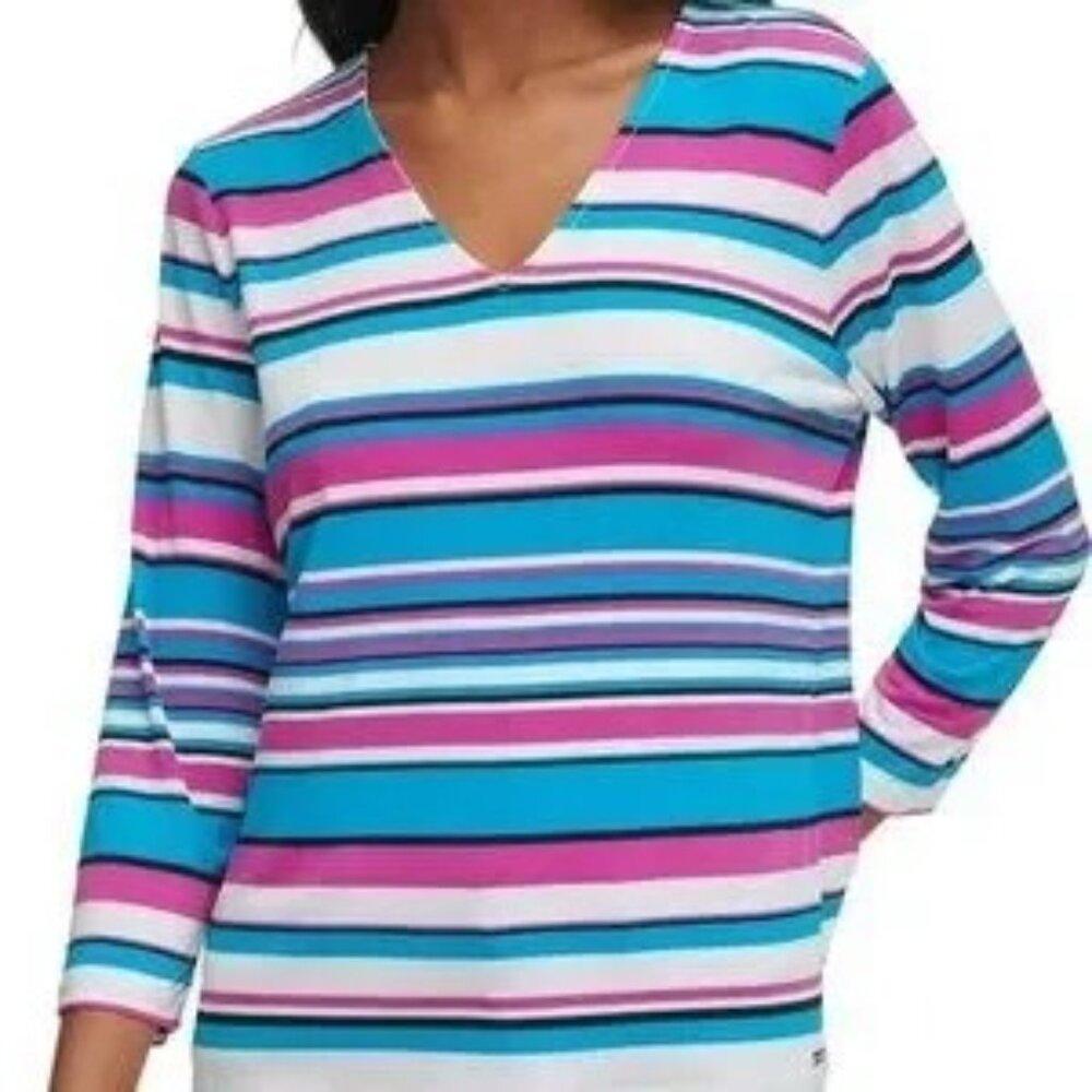 Calvin Klein Womens Striped Multicolor V-Neck‎ 3/4 Sleeve Top L NWT